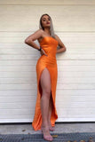 Simple Strapless Mermaid Orange Prom Dresses with High Split, Floor Length Formal Dress SJS15402