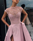 Charming High Neck Beading Satin Pink Cap Sleeves Prom Dresses with Split, Dance Dresses SJS15100