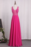 A Line V Neck Chiffon Prom Dresses Beaded Bodice Open Back