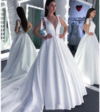 A Line Round Neck White Prom Dresses Bowknot Satin Wedding Dresses SJS15022