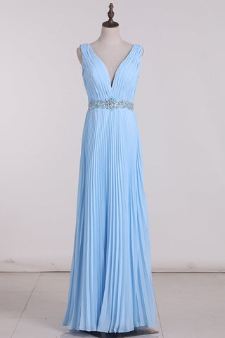 V Neck Prom Dresses A Line Backless Floor Length With Beading And Ruffles