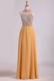 High Neck A Line Chiffon Beaded Bodice Prom Dresses Sweep Train