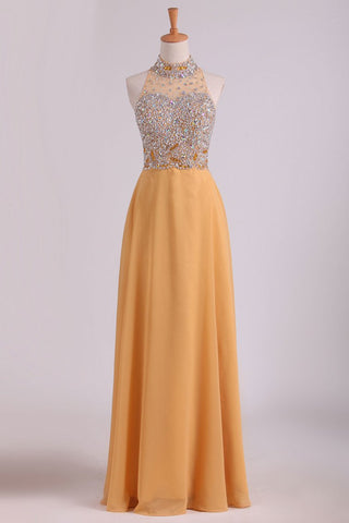 High Neck A Line Chiffon Beaded Bodice Prom Dresses Sweep Train