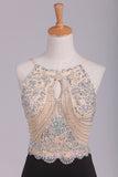 Spaghetti Straps Beaded Bodice Prom Dresses Sheath Spandex