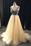 Champagne And Blue Long V-Neck Beading Backless Prom Dresses