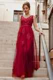 Elegant V Neck Burgundy Beads Appliques Lace Evening Dresses, Long Prom Dresses SJS15211