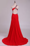 One Shoulder Sheath Prom Dresses Red Chiffon With Beads And Slit