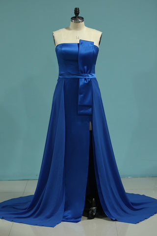 Evening Dresses Satin & Chiffon Strapless With Sash And Slit