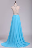 Scoop Prom Dresses Chiffon With Slit And Beads A Line