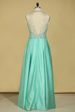 Plus Size Prom Dresses A Line Scoop Beaded Bodice Open Back Satin Floor Length