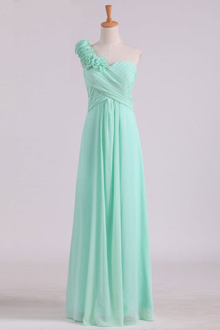 A Line One Shoulder With Handmade Flowers Chiffon Bridesmaid Dress