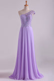 One Shoulder A Line Prom Dress Beaded Tulle And Chiffon Sweep Train