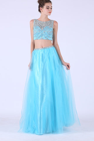 Two-Piece Scoop A Line Prom Dresses With Beading Tulle