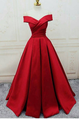 Off The Shoulder Prom Dresses Satin Red Sweep Train Lace Up Back