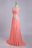 One Shoulder Pleated Bodice With Beaded Applique Court Train Evening Dresses