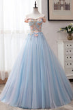 Ball Gown Off the Shoulder Tulle Sweetheart Appliques Prom Dresses, Quinceanera Dresses SJS15063