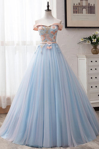 Ball Gown Off the Shoulder Tulle Sweetheart Appliques Prom Dresses, Quinceanera Dresses SJS15063