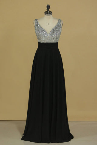 V Neck Prom Dresses A Line Beaded Bodice Chiffon Sweep Train