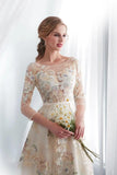 Charming A Line Floral Scoop Prom Dresses 3/4 Sleeves Empire Waist Long Evening Gowns SJS15088