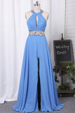 Halter Open Back Prom Dresses A Line Chiffon With Beads And Slit