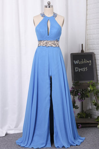 Halter Open Back Prom Dresses A Line Chiffon With Beads And Slit