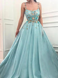 Elegant A Line Spaghetti Straps Tulle Scoop Prom Dresses with Appliques, Formal Dresses SJS15512