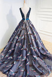 Beautiful Prom Dresses Ball Gown V Neck Lace Beading Bowknot Tulle Evening Dress