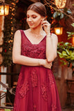 Elegant V Neck Burgundy Beads Appliques Lace Evening Dresses, Long Prom Dresses SJS15211