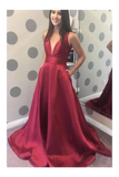 Simple A-Line V-Neck Satin Long Cheap Red Prom Dresses With Pocket