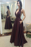 Deep V Neck Evening Dresses A Line Taffeta Sweep Train