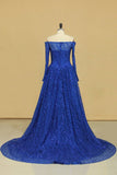 Prom Dresses Boat Neck Long Sleeves A Line Tulle With Beading Sweep Train