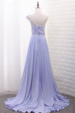 Satin Prom Dresses A Line One Shoulder With Handmade Flowers And Slit