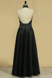 Satin Halter A Line With Rhinestones Floor Length Prom Dresses