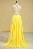 A Line Prom Dresses Halter Beaded Bodice Open Back Sweep Train Chiffon & Tulle Daffodil