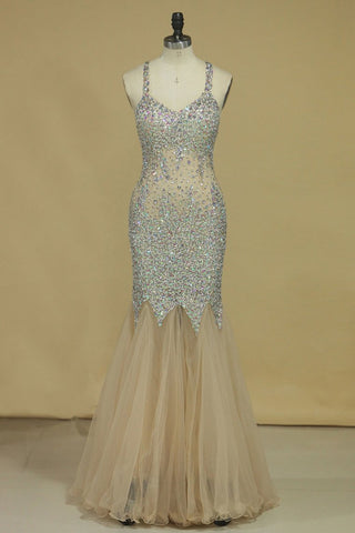 Halter Prom Dresses Mermaid Tulle With Beading Floor Length