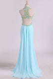 Sheath Open Back High Neck Chiffon With Applique And Beads Prom Dresses