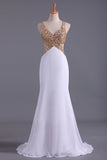 Straps Prom Dresses Open Back Sheath/Column With Golden Beading Chiffon