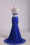 Two-Piece Scoop Mermaid Prom Dresses With Beading Lace Dark Royal Blue