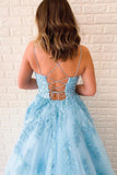 Unique A-Line Sky Blue Tulle Appliques Beads Scoop Prom Dresses with Lace SJS20453