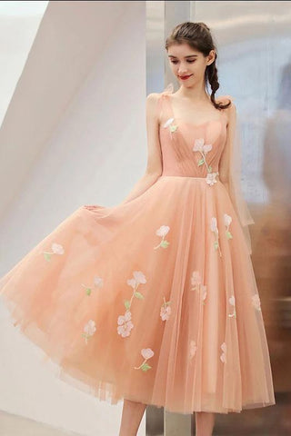 Cute Tea Length A Line Pink Short Prom Dress Sweet 16 Dresses with Hand Made Flower SJS15138