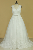 Plus Size V-Neck Wedding Dresses A-Line Court Train Tulle With Applique & Belt Covered Button