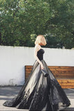 Elegant Black A-line Sweetheart Strapless Tulle Lace Appliques Lace up Prom Dresses JS29