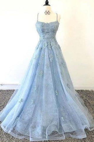 Lace Appliques Sky Blue Prom Dress with Criss Cross Back