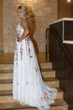 A Line Lace Floral Printed V Neck Appliques White Prom Dresses JS575