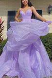 Long Princess Lavender Tiered A Line Spaghetti Straps Prom Dresses