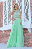 Scoop Prom Dresses A Line Beaded Bodice Chiffon Sweep Train