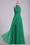 High Neck Prom Dresses Beaded And Ruched Chiffon Sweep Train