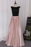 New Prom Dress A Line Boat Neckline Floor-Length Satin With Beaded Waist Line