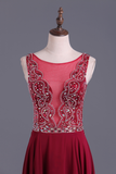 Burgundy/Maroon Scoop A Line Prom Dresses Chiffon A Line With Beading