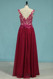 Prom Dresses V Neck 30D Chiffon With Applique Sweep Train A Line